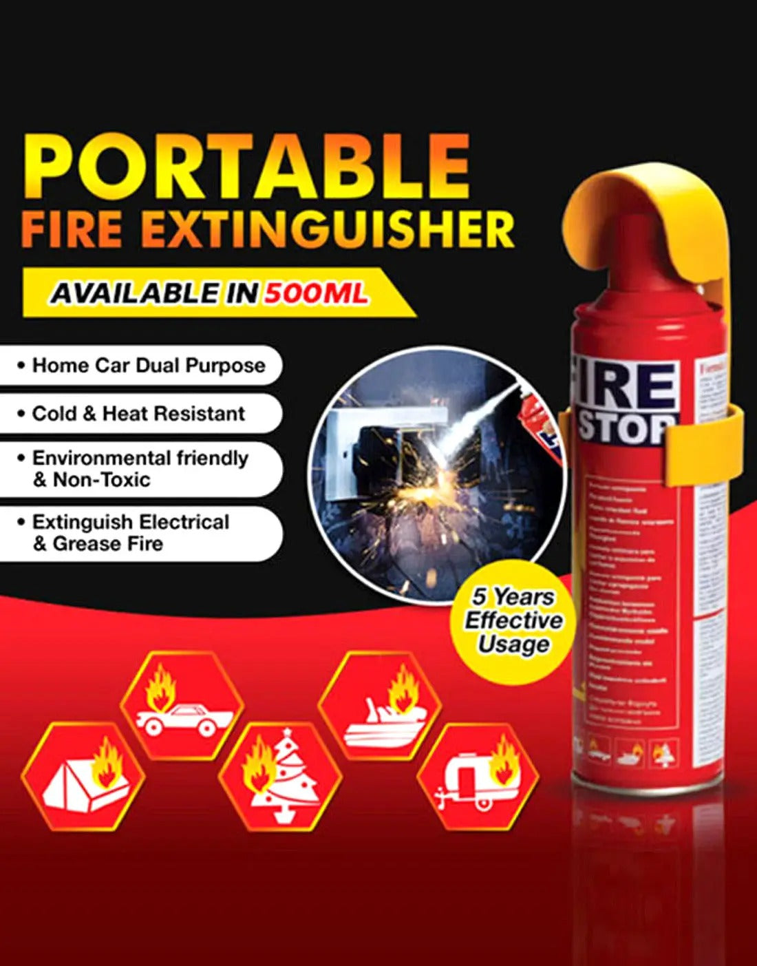 Portable Fire Safety Spray 500ml for Home, Office and Vehicle Use