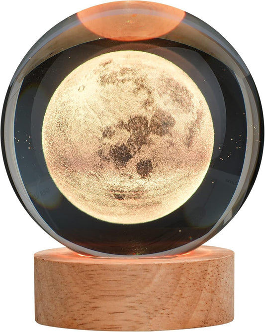 3D Crystal Ball Moon Lamp with Wooden LED Base
