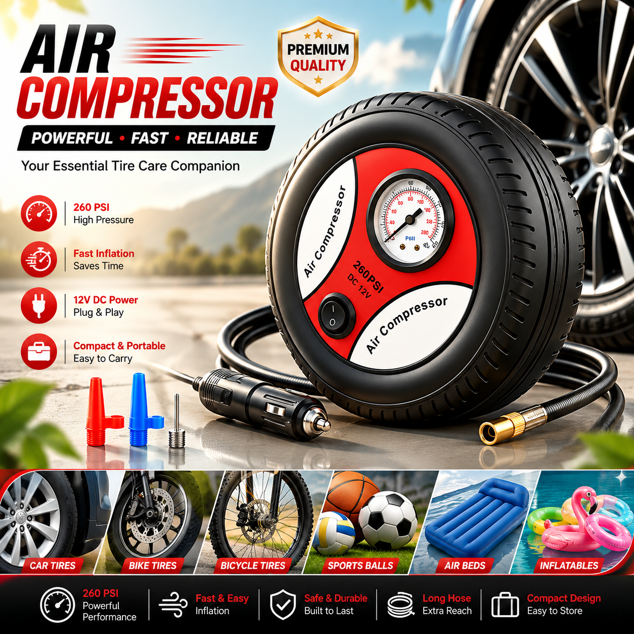 Portable 260 PSI DC 12V Electric Air Compressor Tire Inflator for Car
