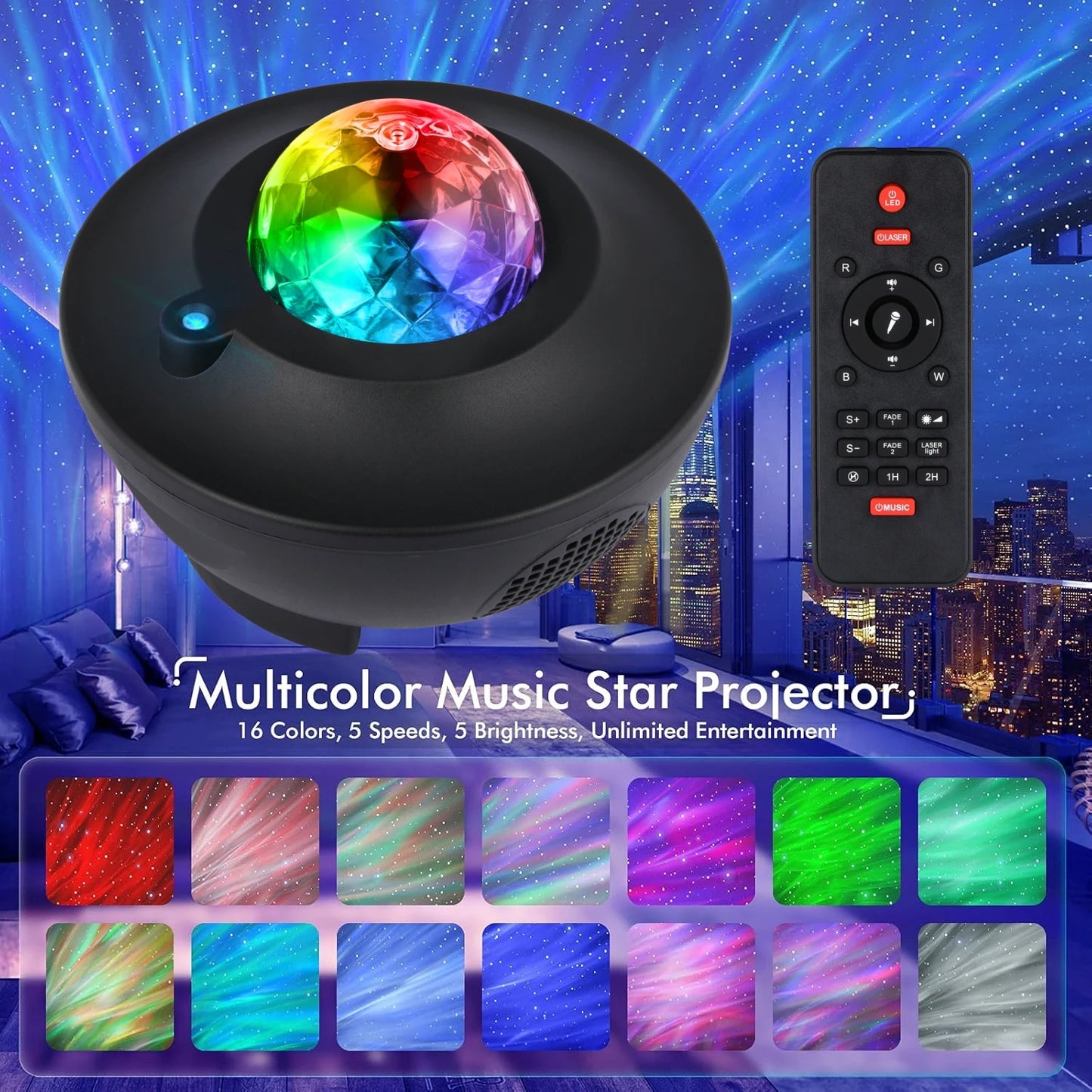 LED Galaxy Star Projector Night Light with Bluetooth Speaker