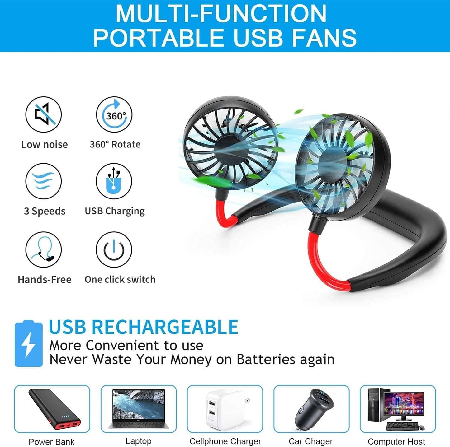 Portable Hanging Neck Fan, Hands-Free