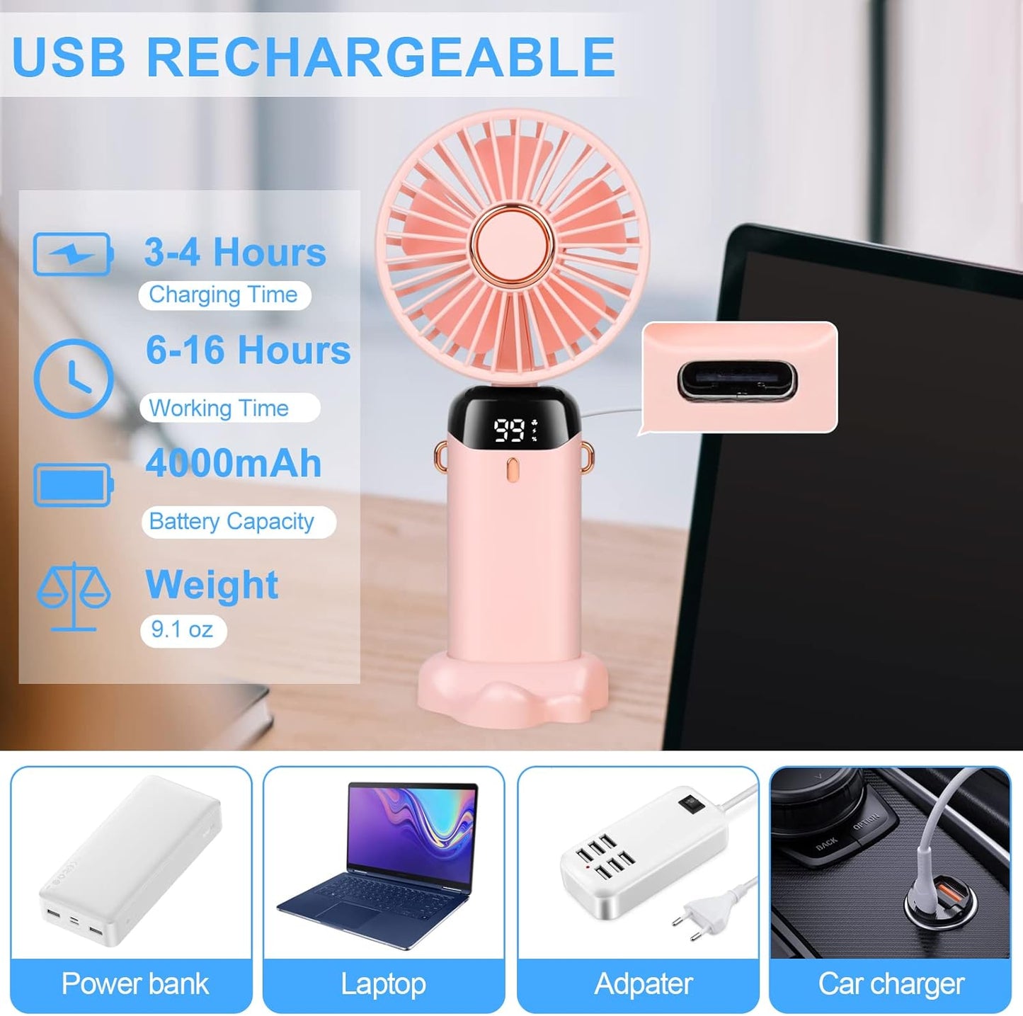 Portable Handheld Fan with 4000mAh Rechargeable Battery